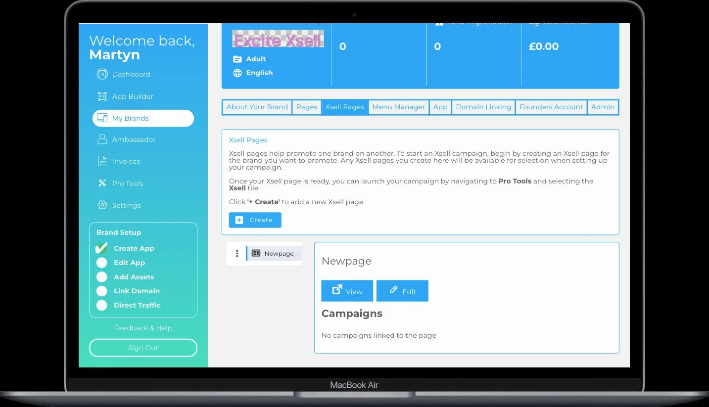 The Xsell Pages tab after creating a page. The new page is listed on the left and a panel on the right offers View and Edit buttons above a Campaigns section reading No campaigns linked to the page.