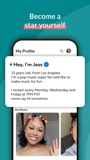 Tagged app profile screen with a verified badge, bio and photos