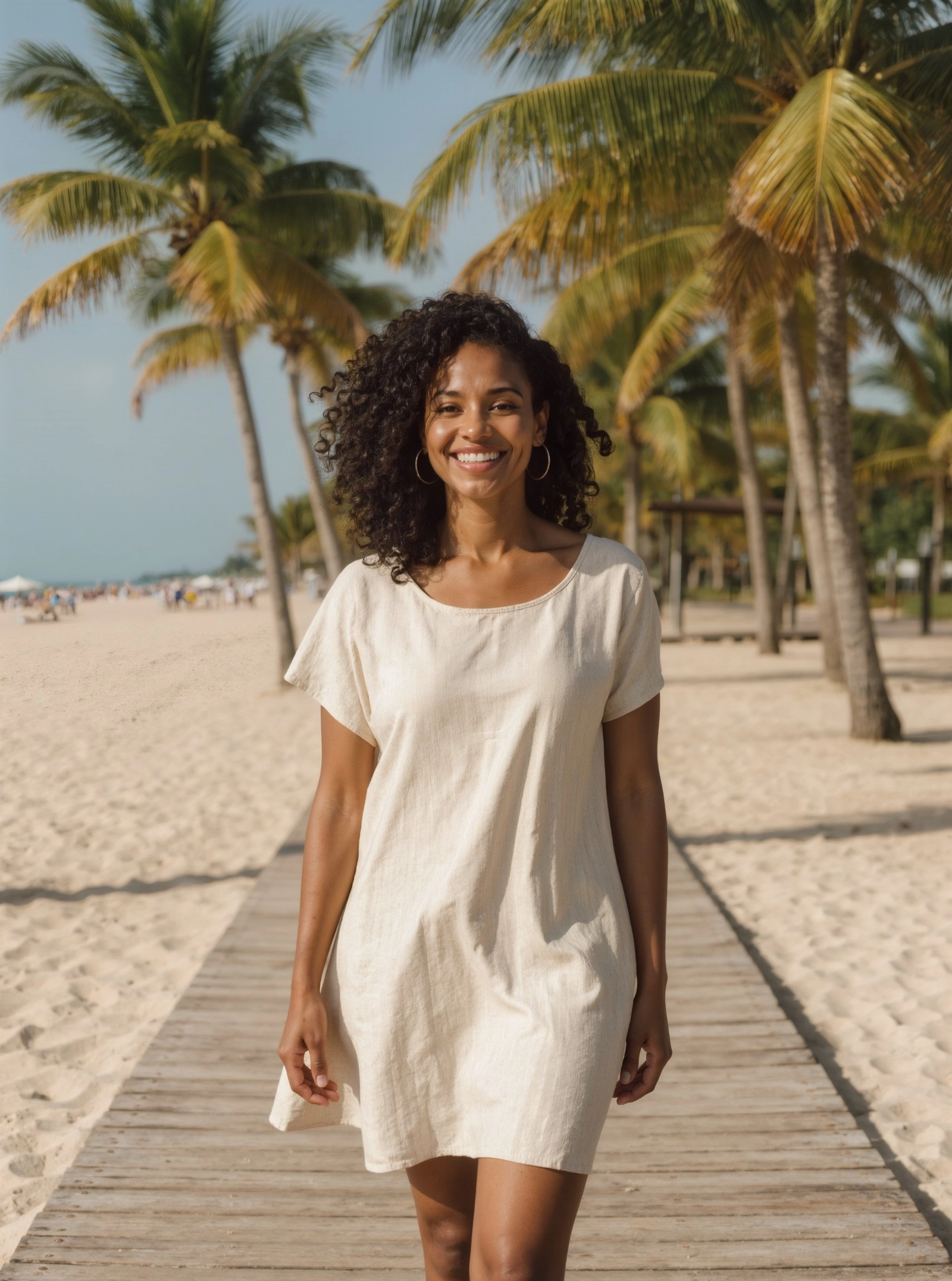 A smiling woman in a summer dress on a sunlit Florida boardwalk with palm trees