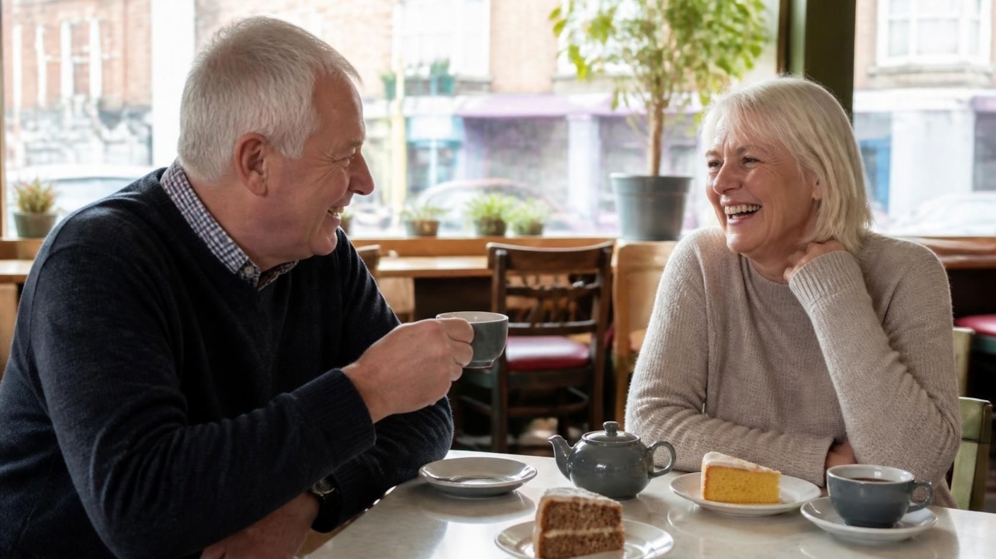 An older couple laughing over tea and cake at a café table
