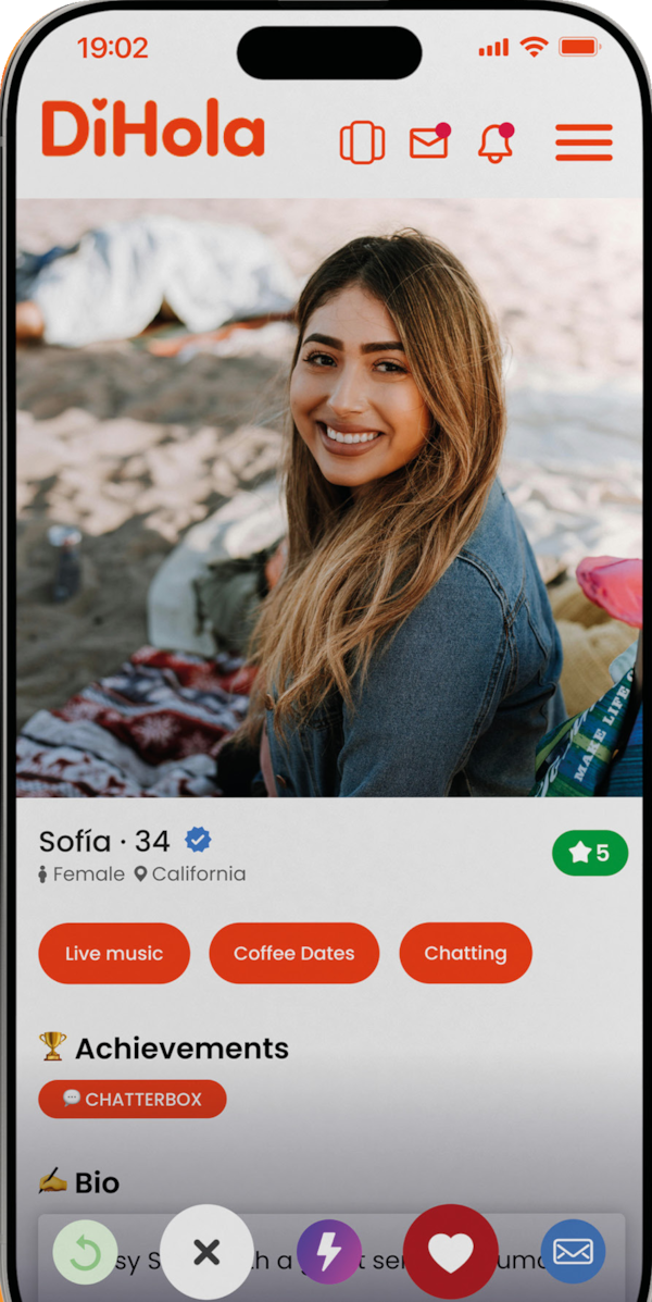 DiHola match screen showing Sofía, 34, from California