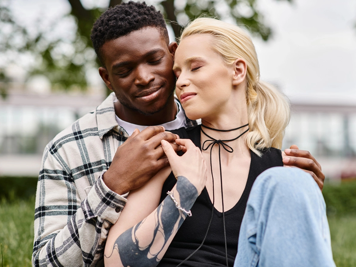Interracial couple smiling together