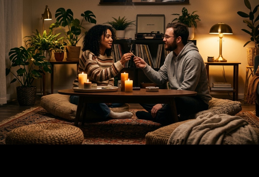 Two people sharing their first smoke session together in a cozy living room