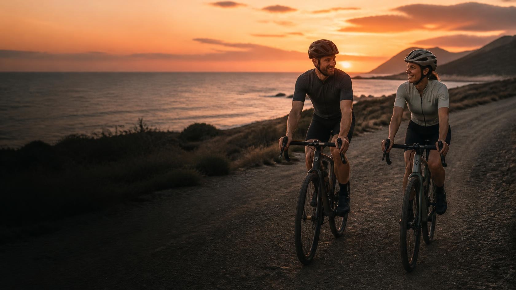 Two cyclists riding together along a coastal road at sunset