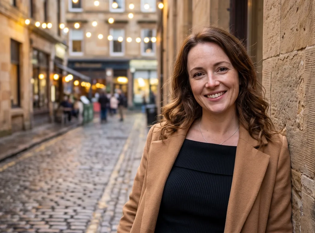 A woman with long wavy chestnut hair in a black off-the-shoulder top and an open camel coat leans against a sandstone wall on a cobbled lane strung with fairy lights in Glasgow's West End and smiles at the camera (AI-generated image)
