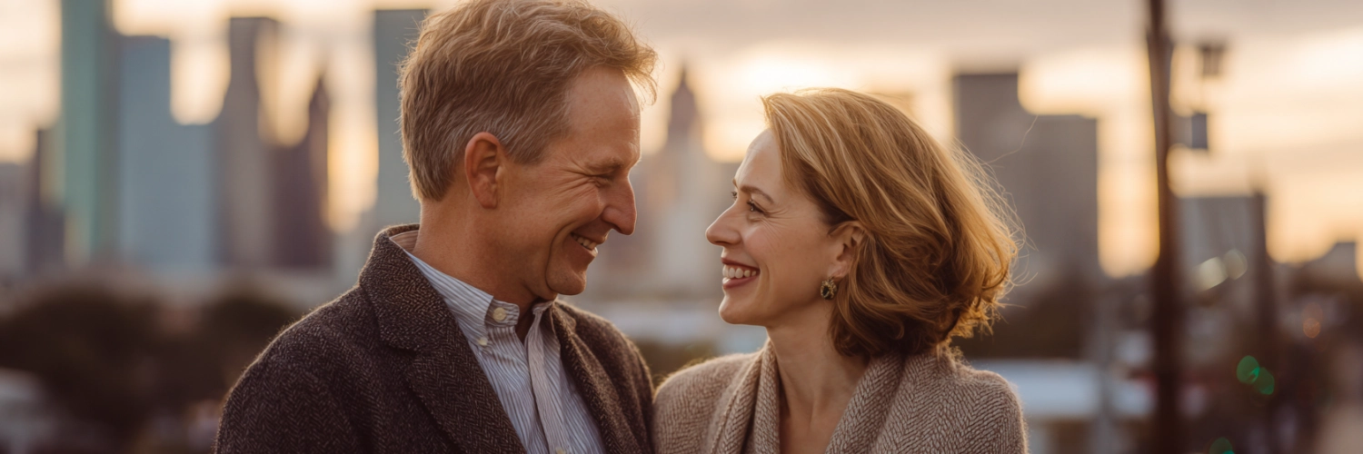 A vibrant Houston skyline at sunset, symbolizing new beginnings and opportunities in dating after divorce.