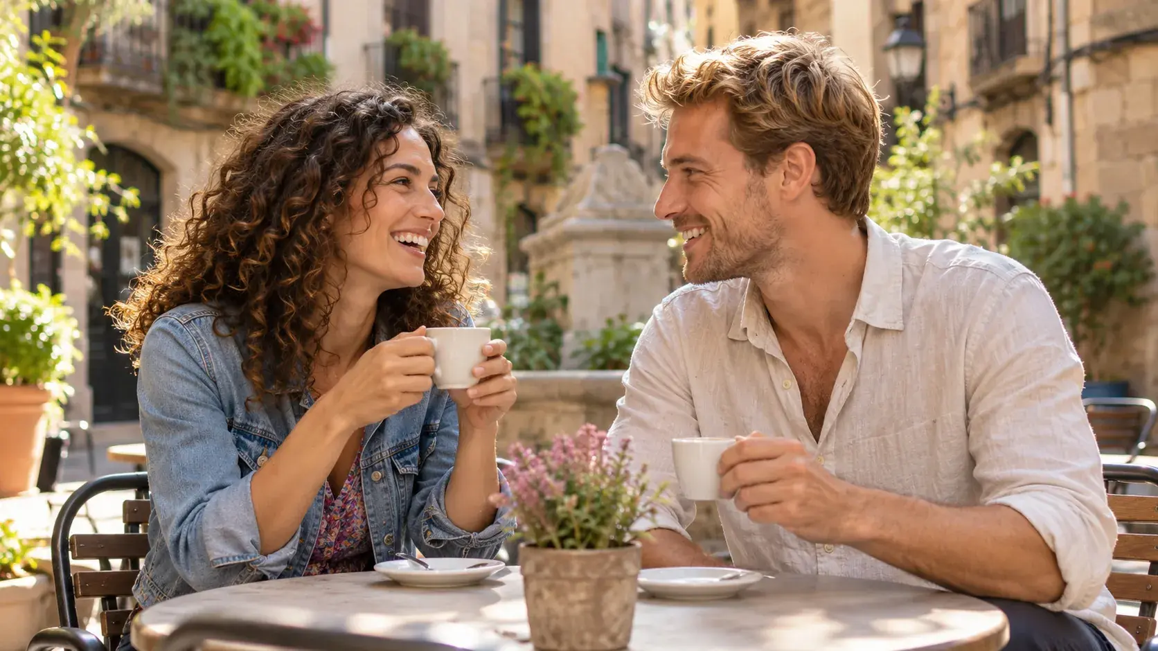 Dos personas adultas toman un café y ríen en la terraza de una plaza de un barrio histórico