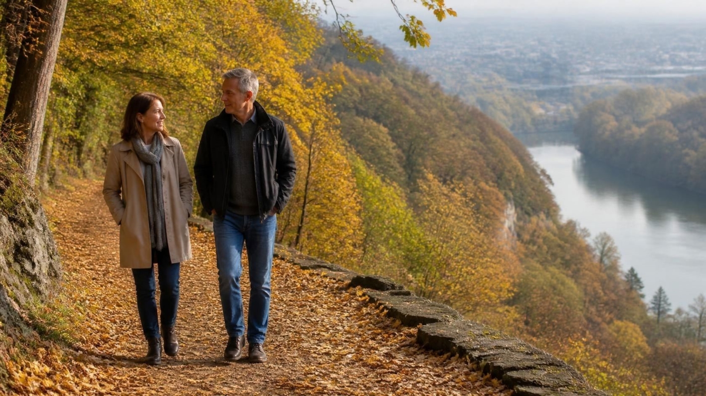 A couple walking and talking on a woodland path above a river gorge in autumn