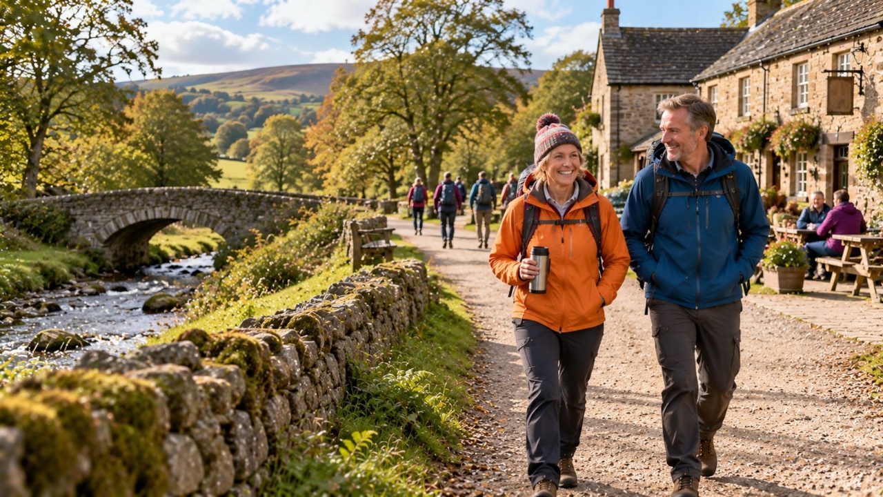 Two walkers on a wide popular lakeside path in daylight
