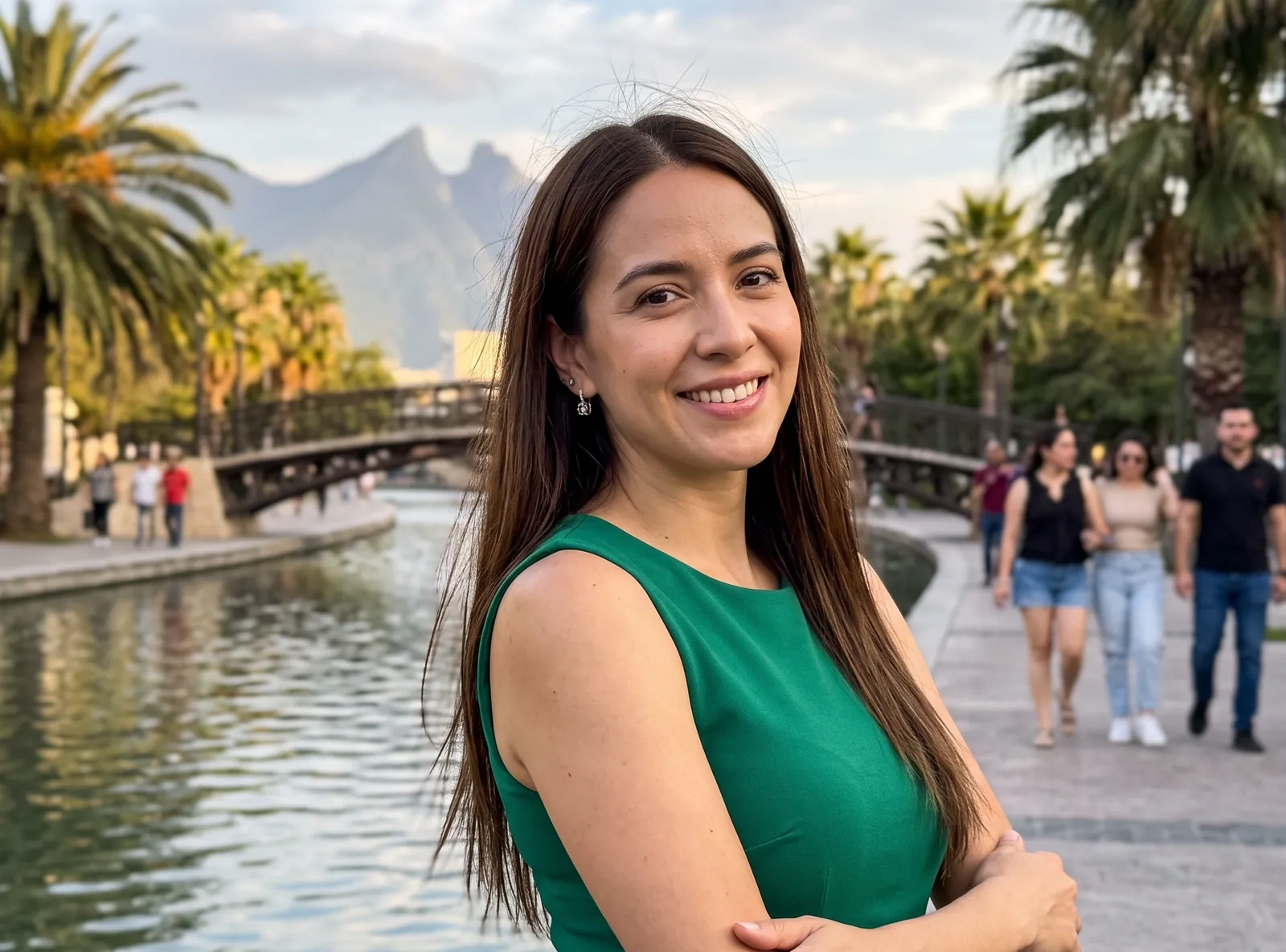 Una mujer de melena larga y vestido verde esmeralda sonríe con los brazos cruzados junto a un canal con palmeras y puentes, con la silueta de una montaña al fondo (imagen generada por IA)