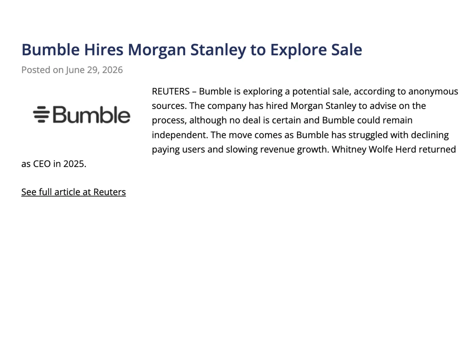 Bumble hires Morgan Stanley to explore a sale