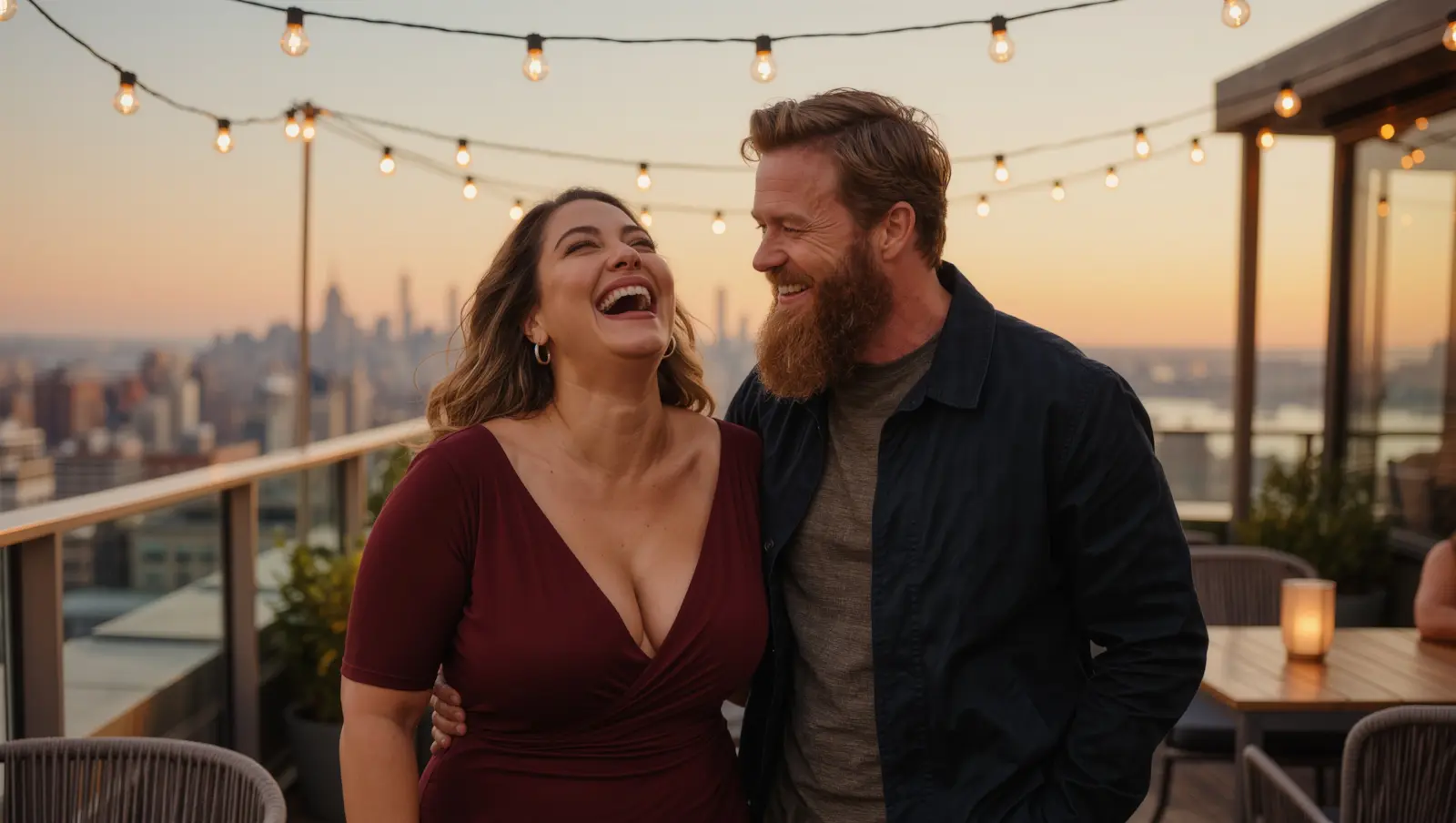 A woman in a burgundy dress and a bearded man in a dark jacket laughing together on a rooftop at dusk, the Manhattan skyline behind them