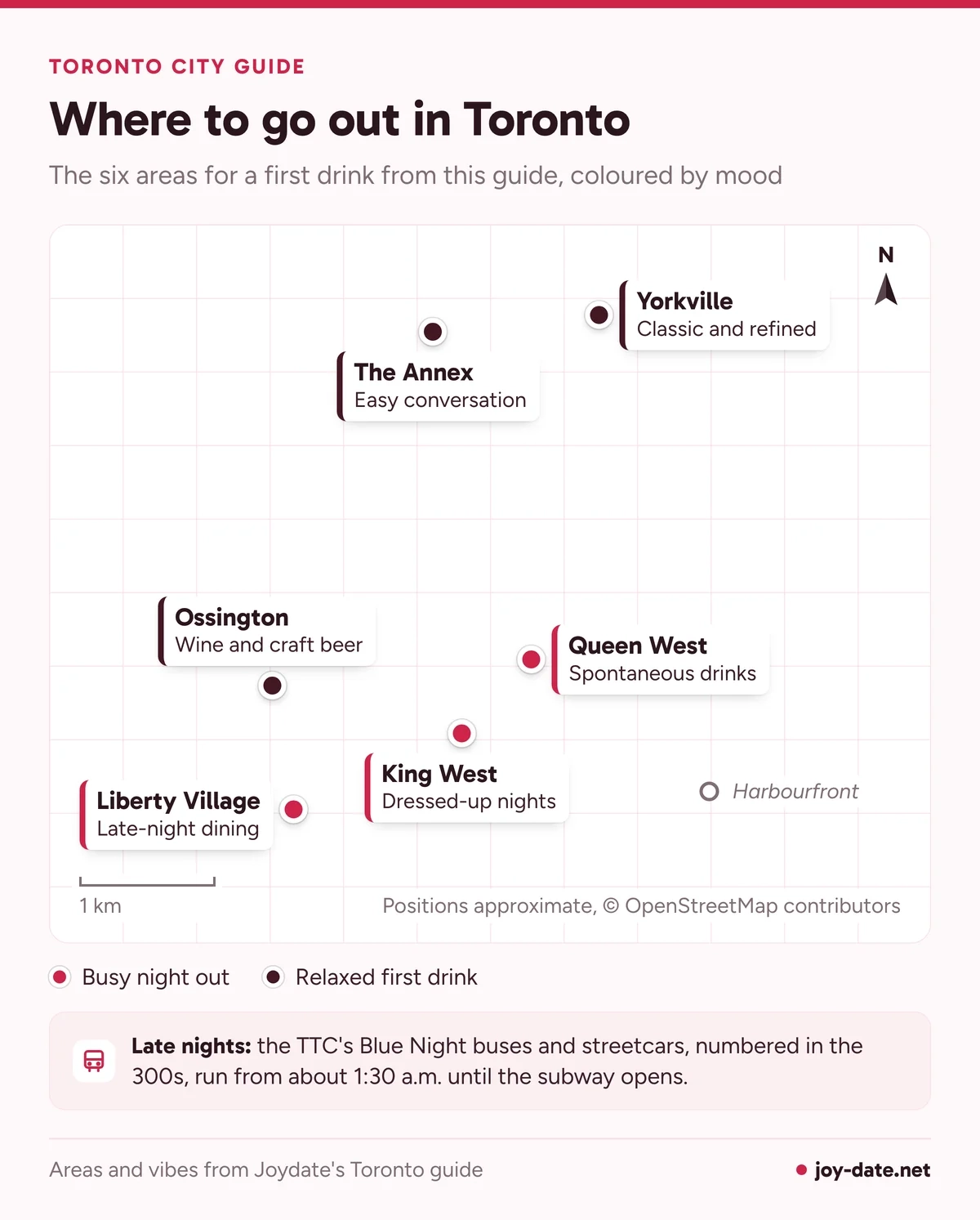 Map of Toronto first-drink areas: Queen West, Ossington, King West and Liberty Village, plus the calmer Annex and Yorkville