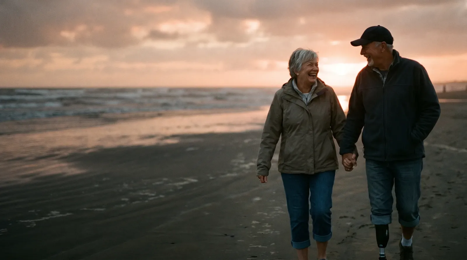 A couple in their sixties walking hand in hand on a beach at sunset; the man has a prosthetic leg