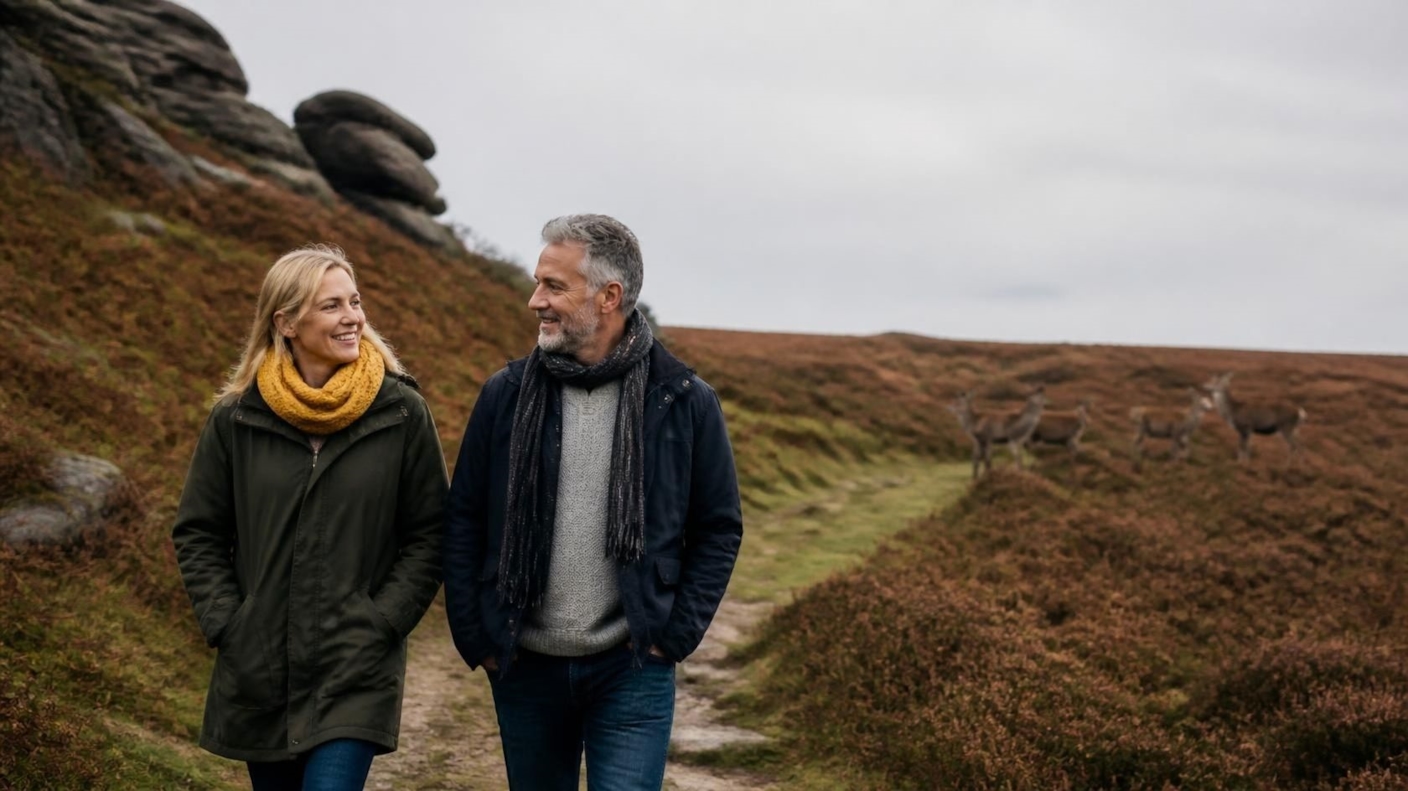 A man and woman walking and talking along a heathland path with rocky outcrops under a wide sky