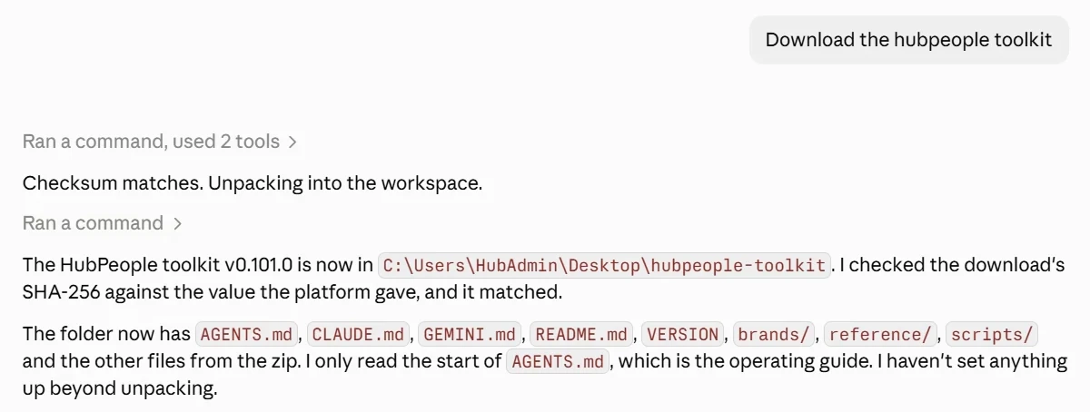 Claude's reply: the checksum matches and the toolkit is now in the folder.