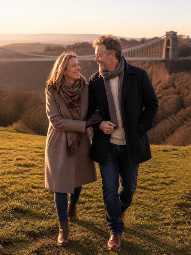 A couple walking arm in arm on a hillside at sunset with the Clifton Suspension Bridge behind them
