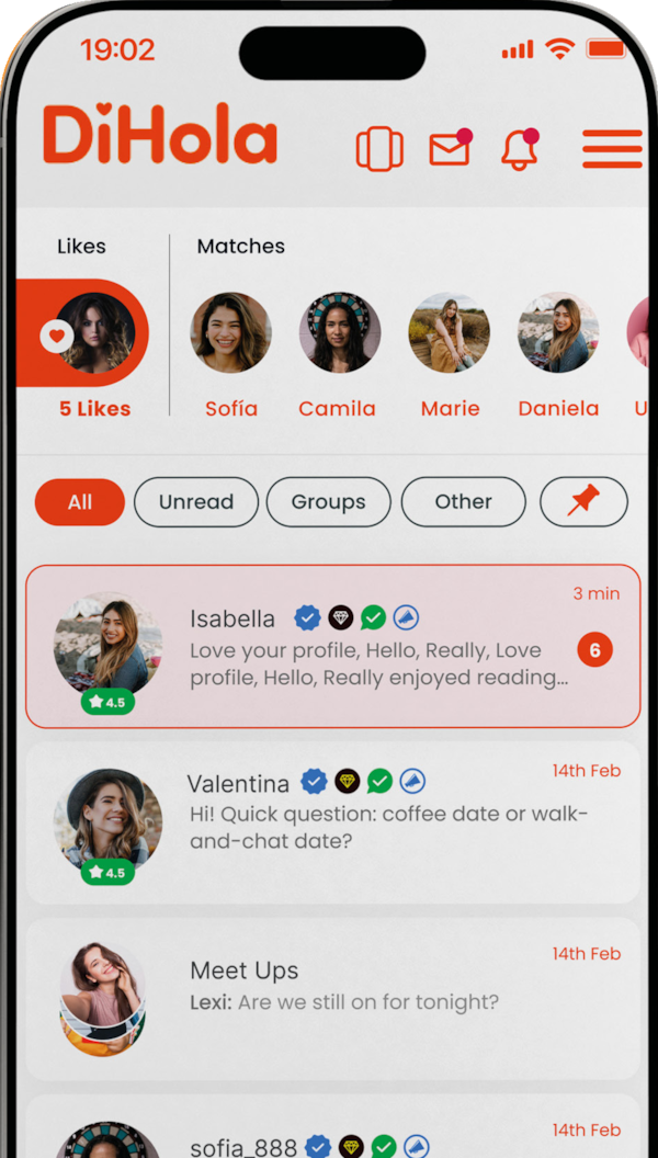 DiHola inbox with likes, matches and conversations