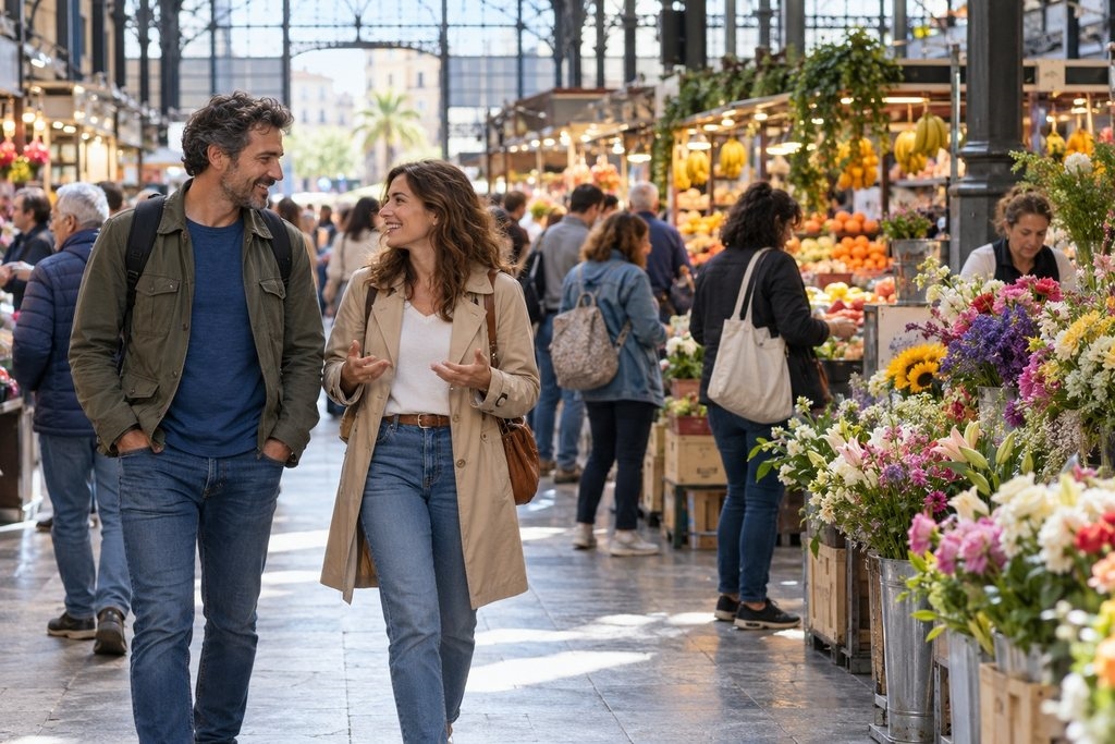Dos personas paseando y conversando por un mercado cubierto con puestos de fruta y flores, rodeadas de gente