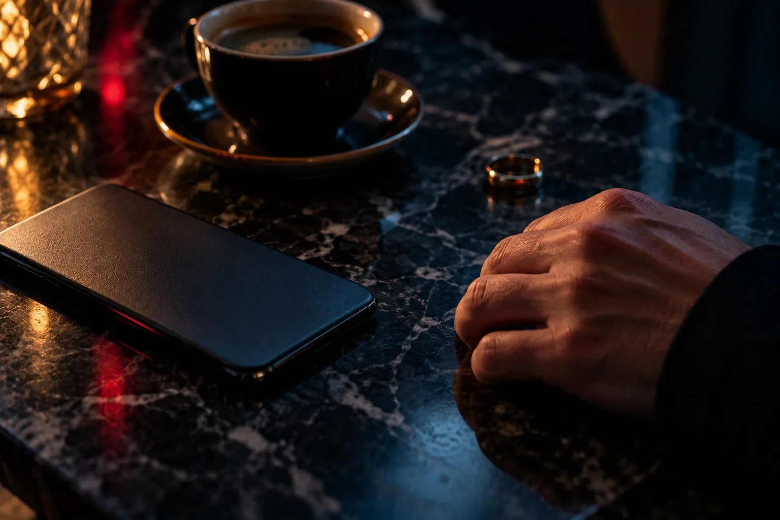 Mesa de mármol oscuro de noche con un teléfono boca abajo, una taza y una alianza posada fuera del dedo