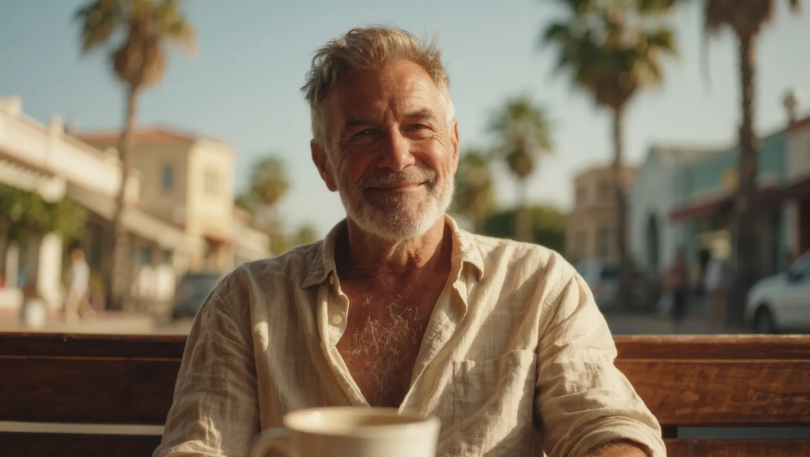 A smiling man in his 60s with a grey beard sitting at a sunny outdoor cafe table with palm trees behind him
