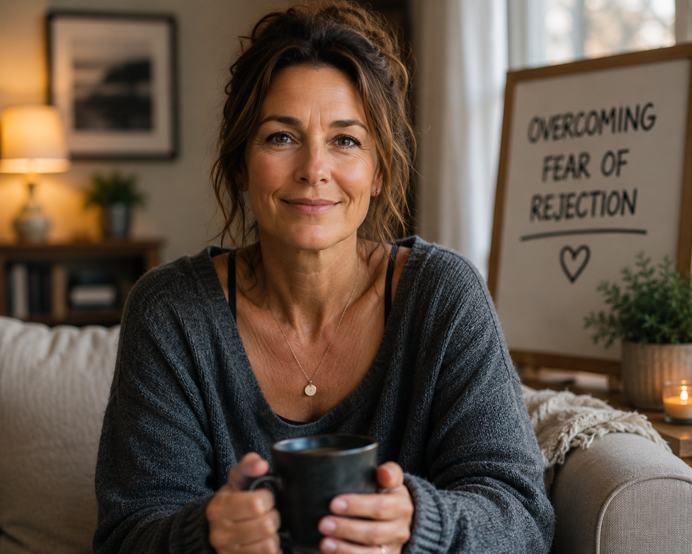 A woman sits on a sofa at home holding a mug, looking directly ahead with a calm, steady expression, a framed sign reading 'overcoming fear of rejection' beside her