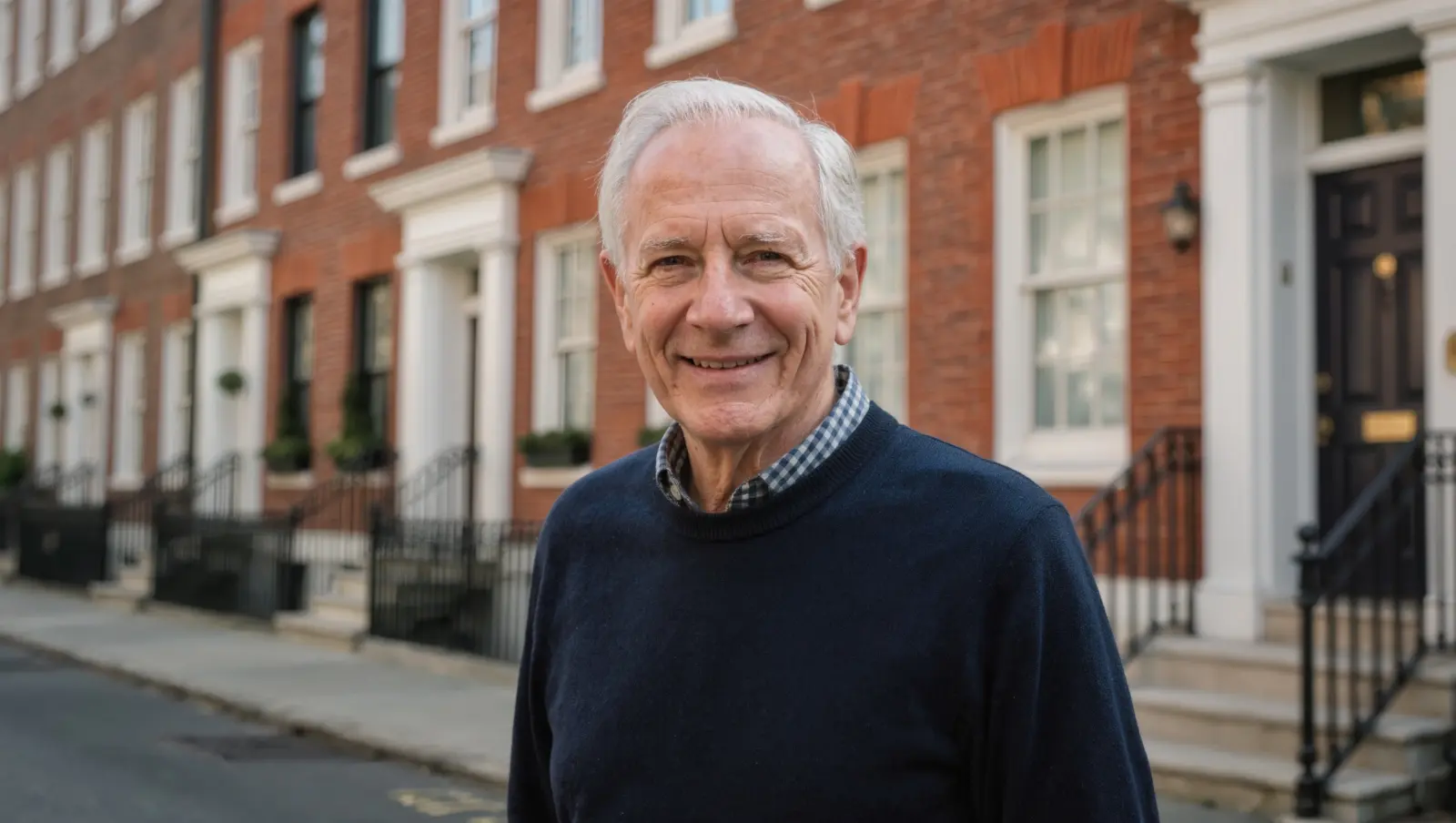 A smiling man in his 60s with silver hair in a navy sweater standing in front of red-brick rowhouses