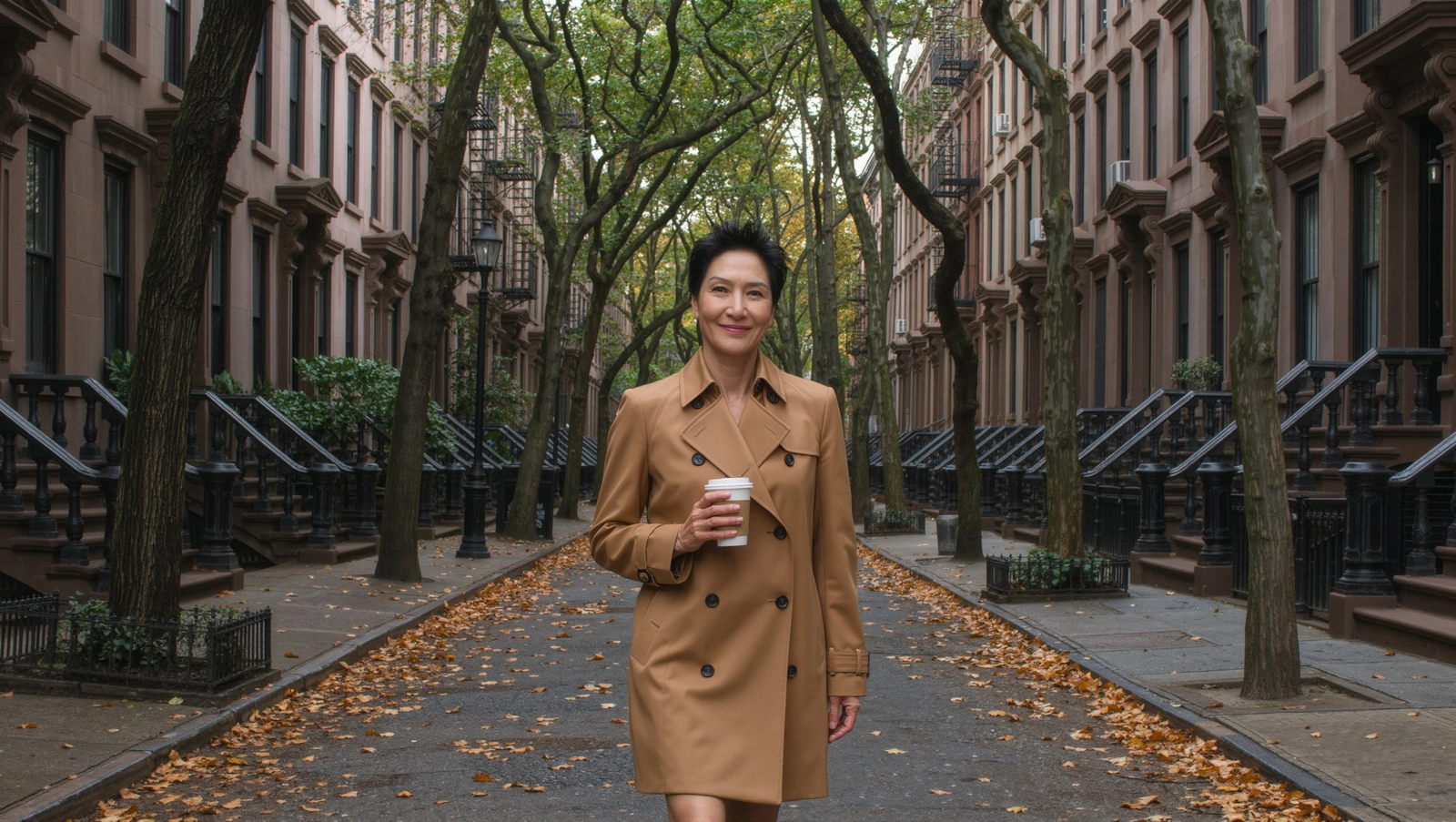 A woman in a camel trench coat with a coffee on a tree-lined New York street in autumn