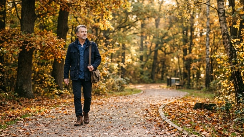 A middle-aged man walking through a quiet park on an autumn morning, looking thoughtful but hopeful