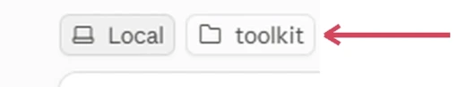 The Claude Code message box with a button above it reading toolkit, showing which folder the session has open.