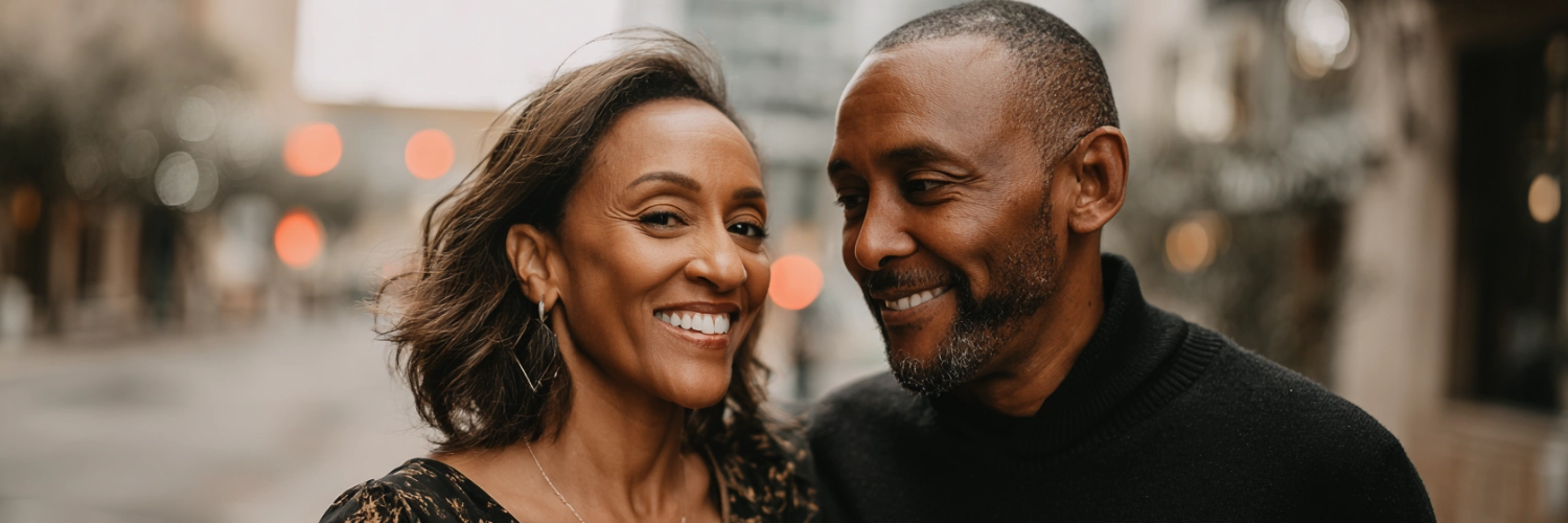 A warm and inviting image of a couple enjoying a sunset on the beach in Jacksonville, symbolizing love and meaningful connections for those over 60.