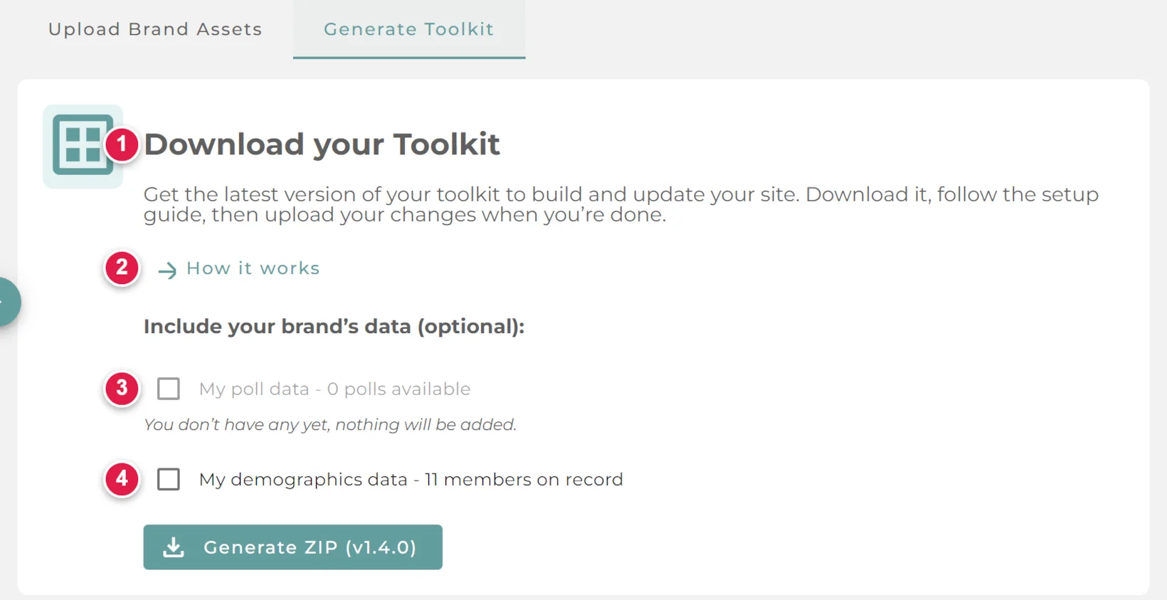 The portal Agentic Toolkit tab on the Generate Toolkit sub-tab, showing the Download your Toolkit panel: a How it works link, optional My poll data and My demographics data checkboxes that each show how much data is on record, and a Generate ZIP button.