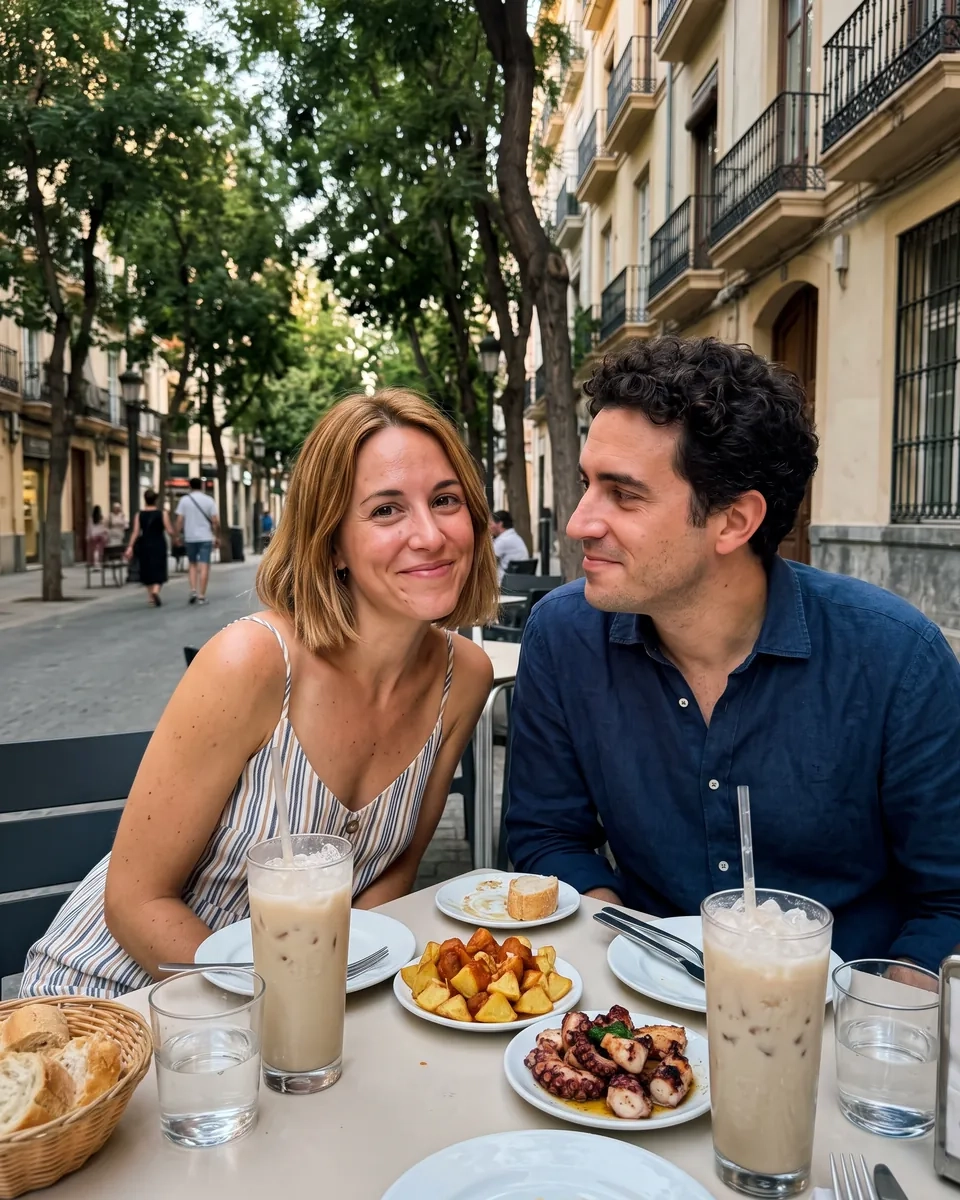 Una pareja comparte tapas y dos horchatas en una mesa al aire libre de una calle arbolada de Ruzafa, en Valencia (imagen generada por IA)