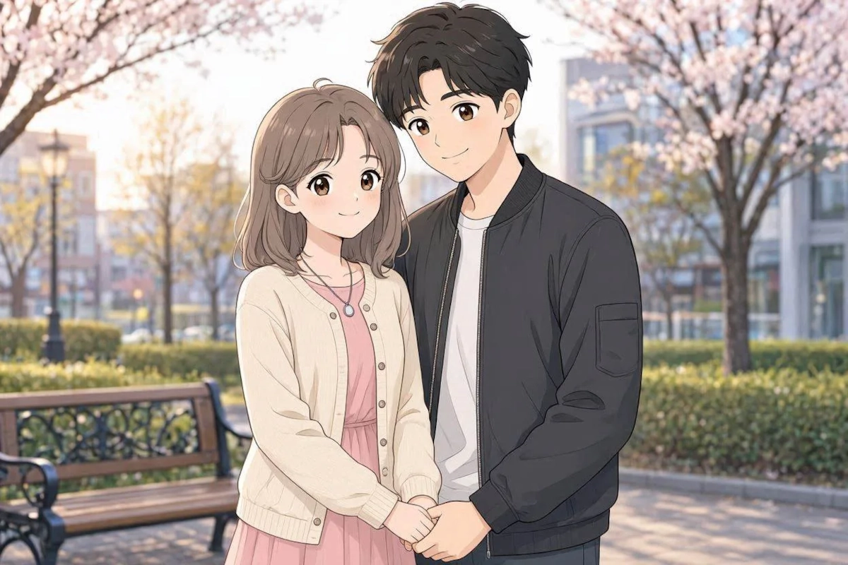Illustrative anime-style couple holding hands in a cherry blossom park, not an actual member photo