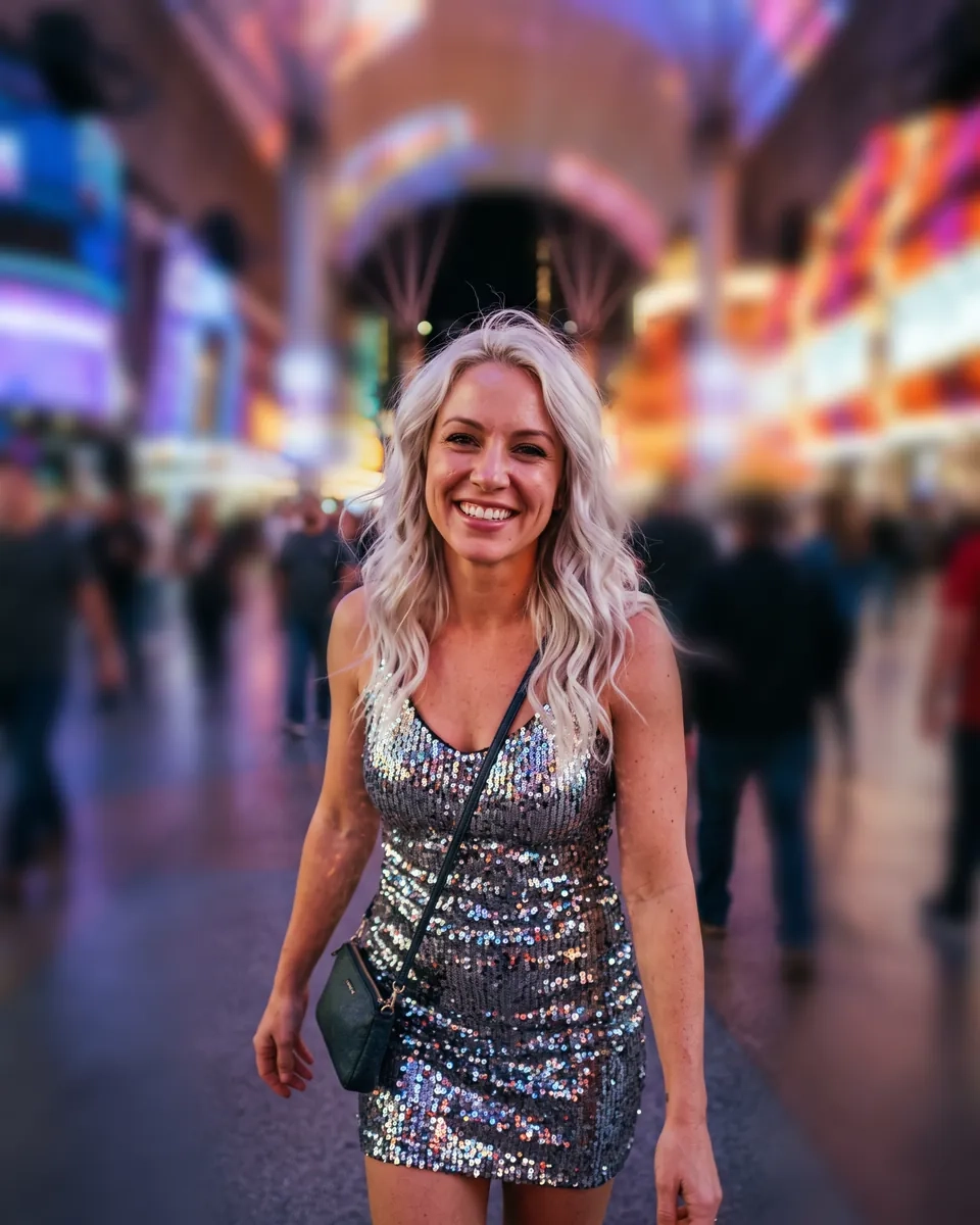 A woman with platinum waves and a silver sequinned mini dress smiles under a glowing canopy of coloured light on a pedestrian street in downtown Las Vegas (AI-generated image)