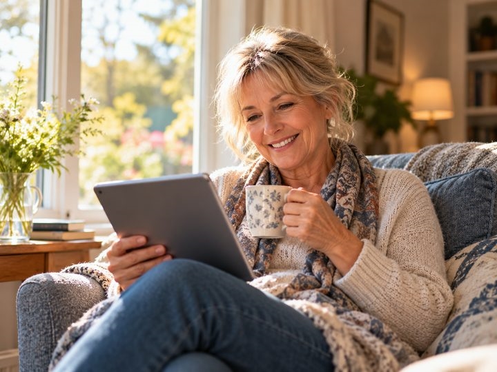 Woman smiling as she browses on a tablet with a cup of tea