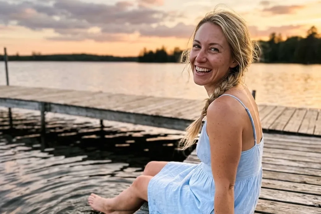 A laughing woman with a long blonde braid and a light blue sundress sits on a wooden dock at a lake at sunset, feet in the water (AI-generated image)
