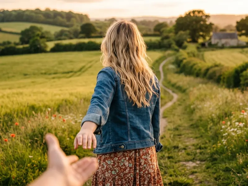 A woman leading the way along a field path at golden hour