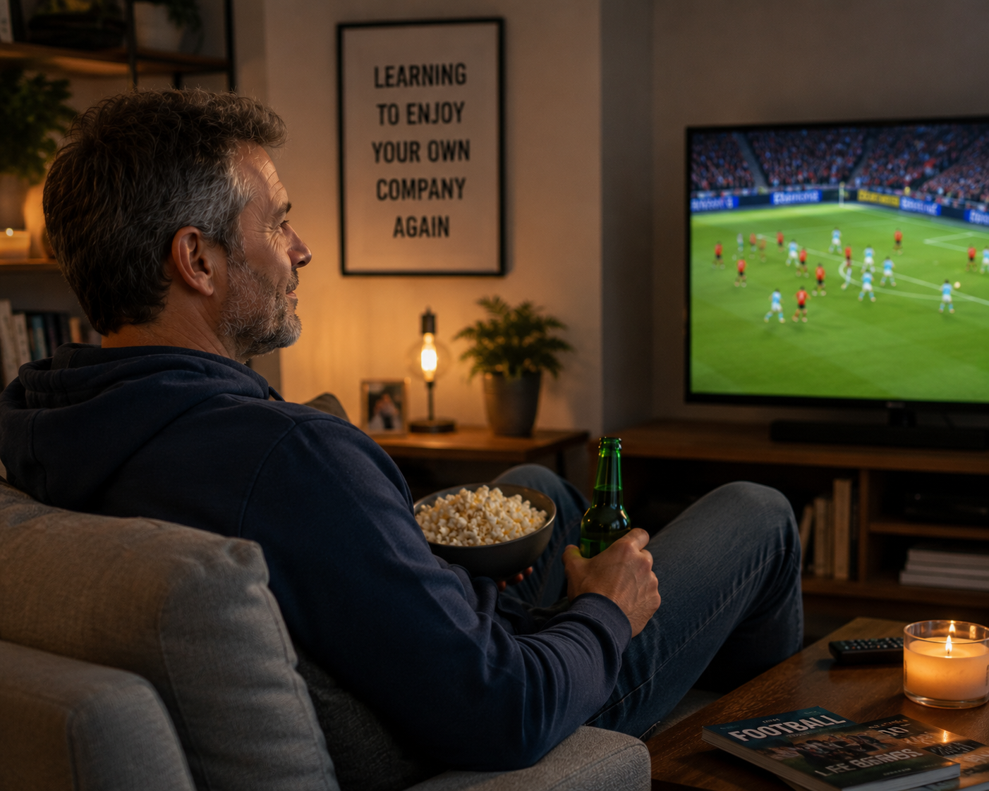 A man relaxes alone on his sofa in the evening, watching a football match on TV, smiling contentedly with a bowl of popcorn and a drink beside him, a framed sign reading 'learning to enjoy your own company again' on the wall
