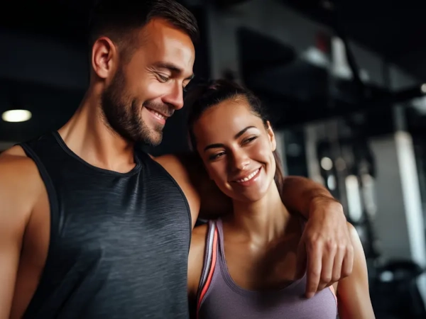 A smiling couple hugging in a gym with weight racks behind them