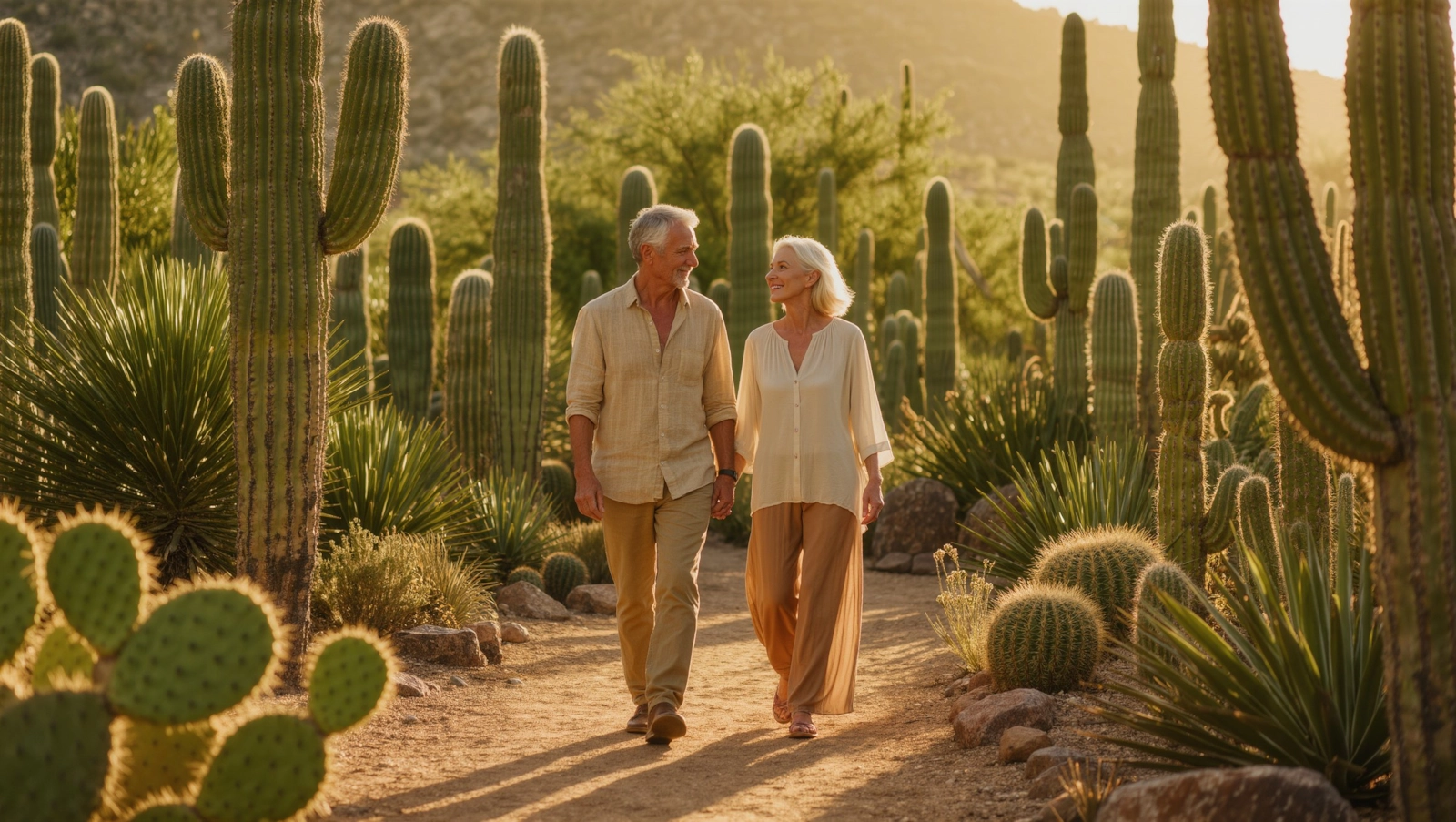 A couple walking hand in hand along a path among tall cacti in a desert garden