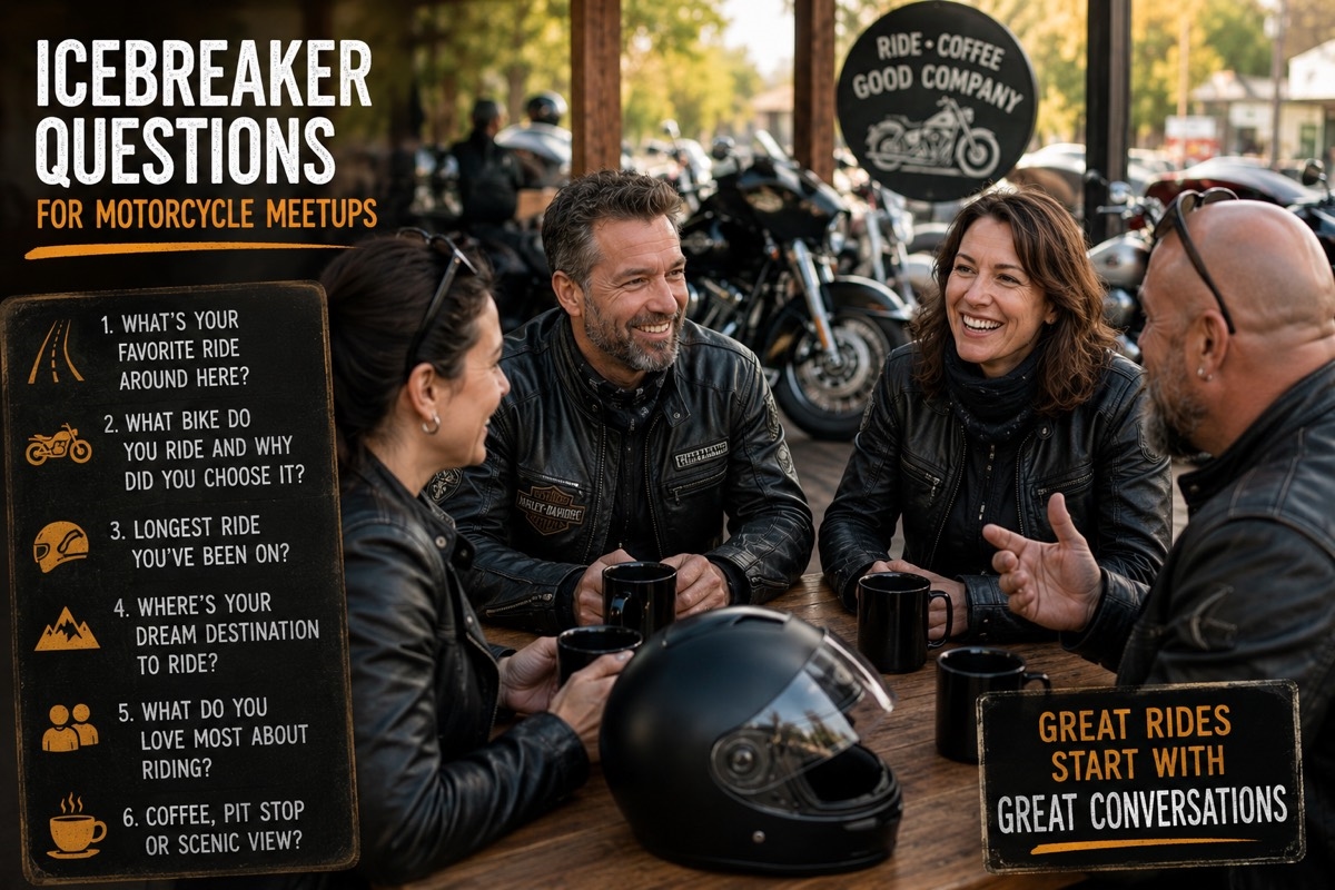 Three riders at a motorcycle café table deep in animated conversation, coffee cups and helmets on the table, bikes parked outside