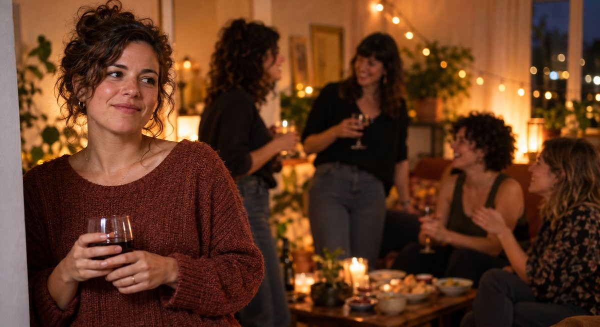 Mujer con una copa de vino algo apartada del grupo en una reunión entre amigas