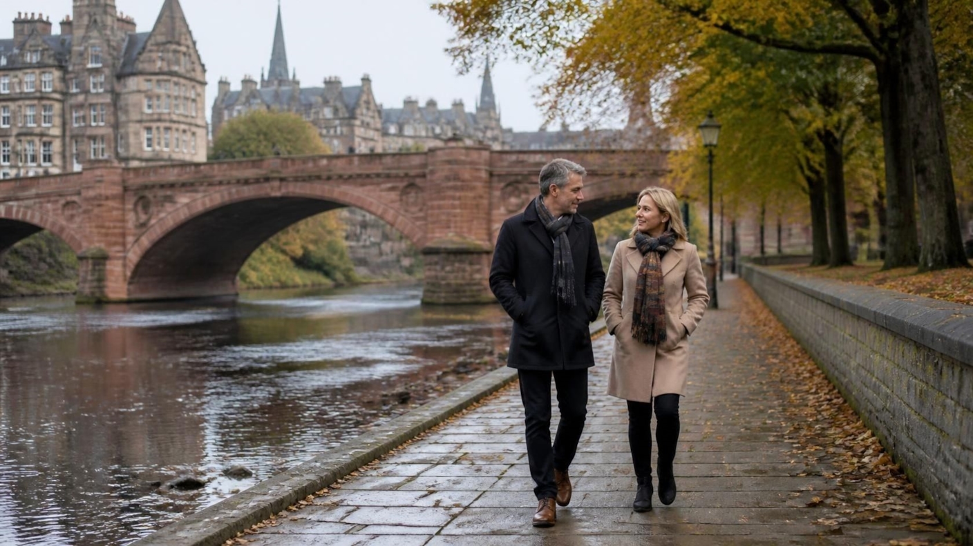 A couple walking and talking along a riverside path by an old stone bridge in autumn