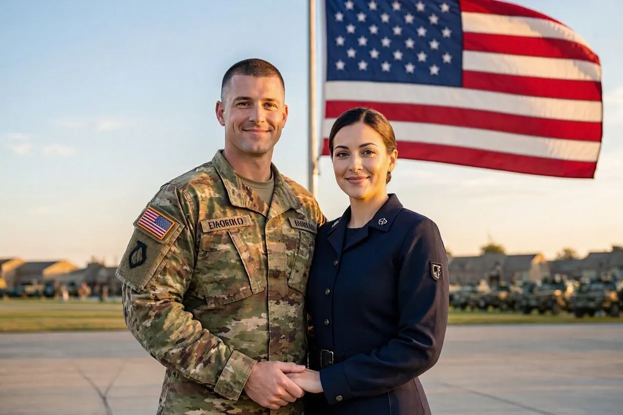 Illustrative scene of two uniformed military-connected adults standing together beneath an American flag