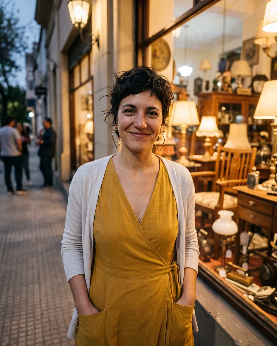 Una mujer de pelo corto oscuro con vestido mostaza y cárdigan sonríe frente a la vidriera iluminada de un anticuario de Barrio Güemes, en Córdoba (imagen generada por IA)