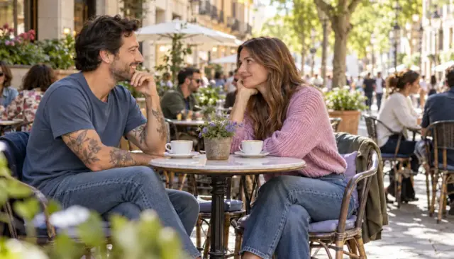 Dos personas adultas conversan tomando un café en una terraza de la ciudad