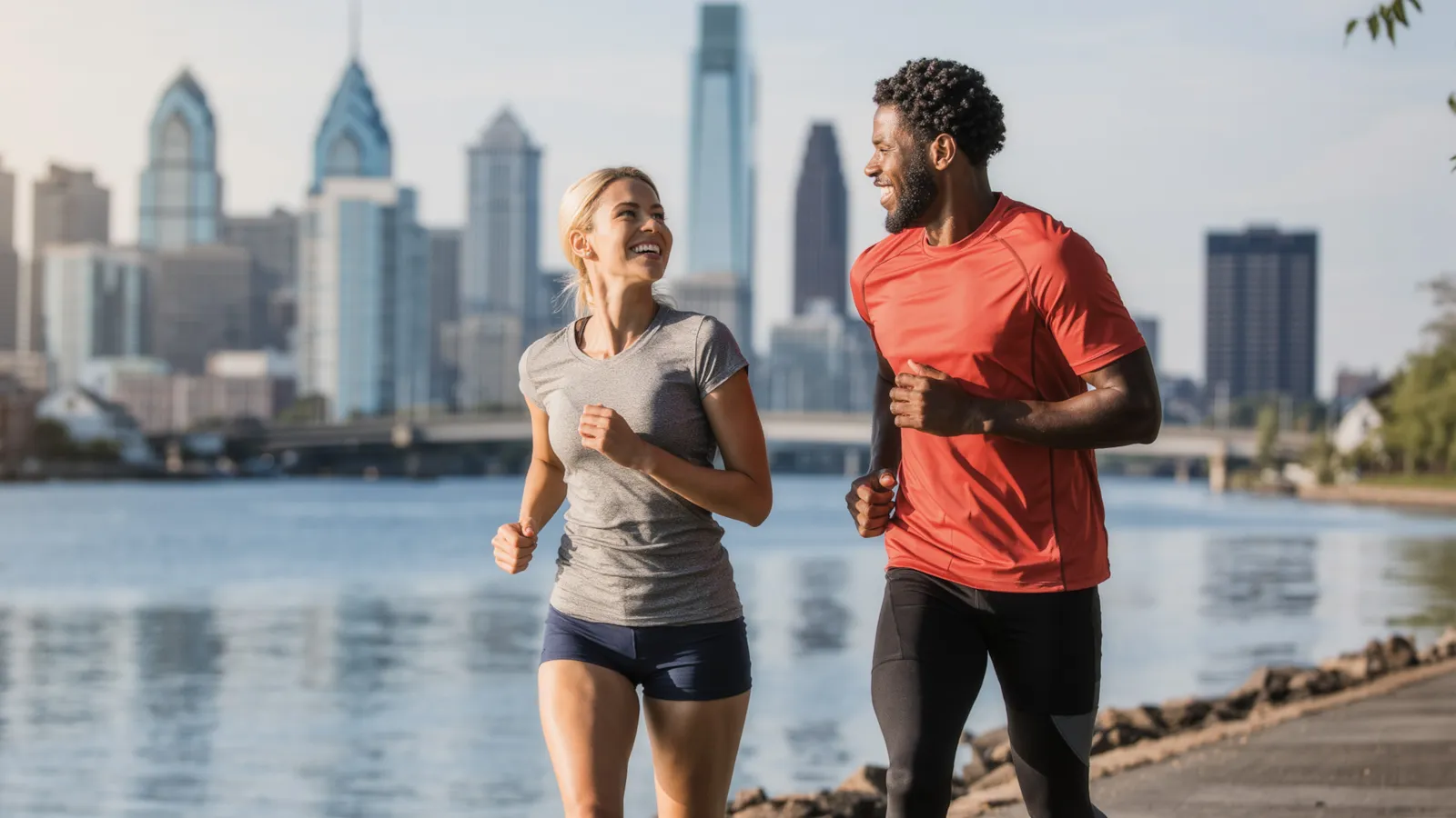 Mixed race couple jogging in Philadelphia