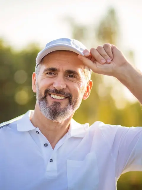 A smiling golfer tipping his cap with a club over his shoulder