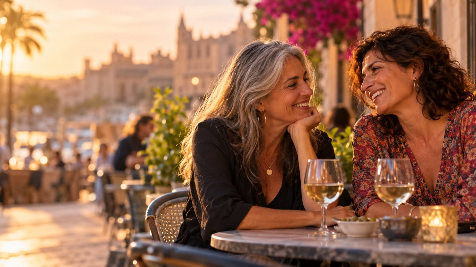 Mujeres lesbianas maduras conversando durante una cita